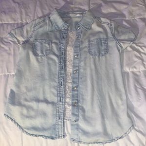 Short-Sleeve Button Up Top w/ White Lace Back